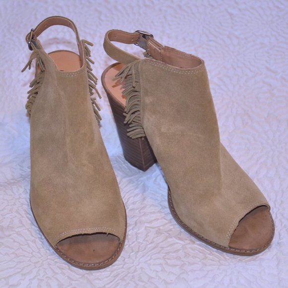 Lucky Brand Lantau Peep Toe Suede Fringe Slingback Booties - Picture 1 of 8